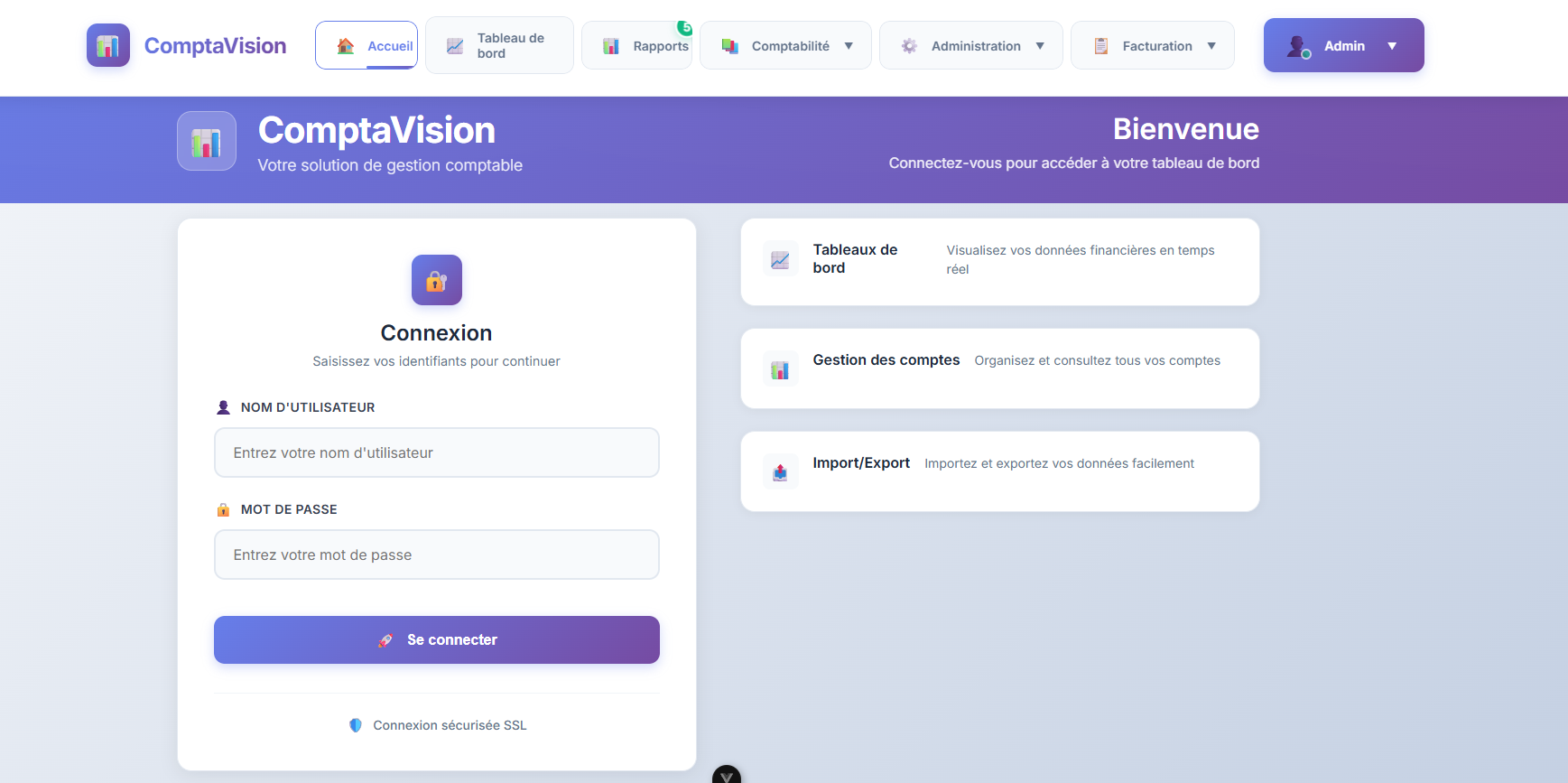 Interface de l'application de gestion comptable avec tableaux de bord